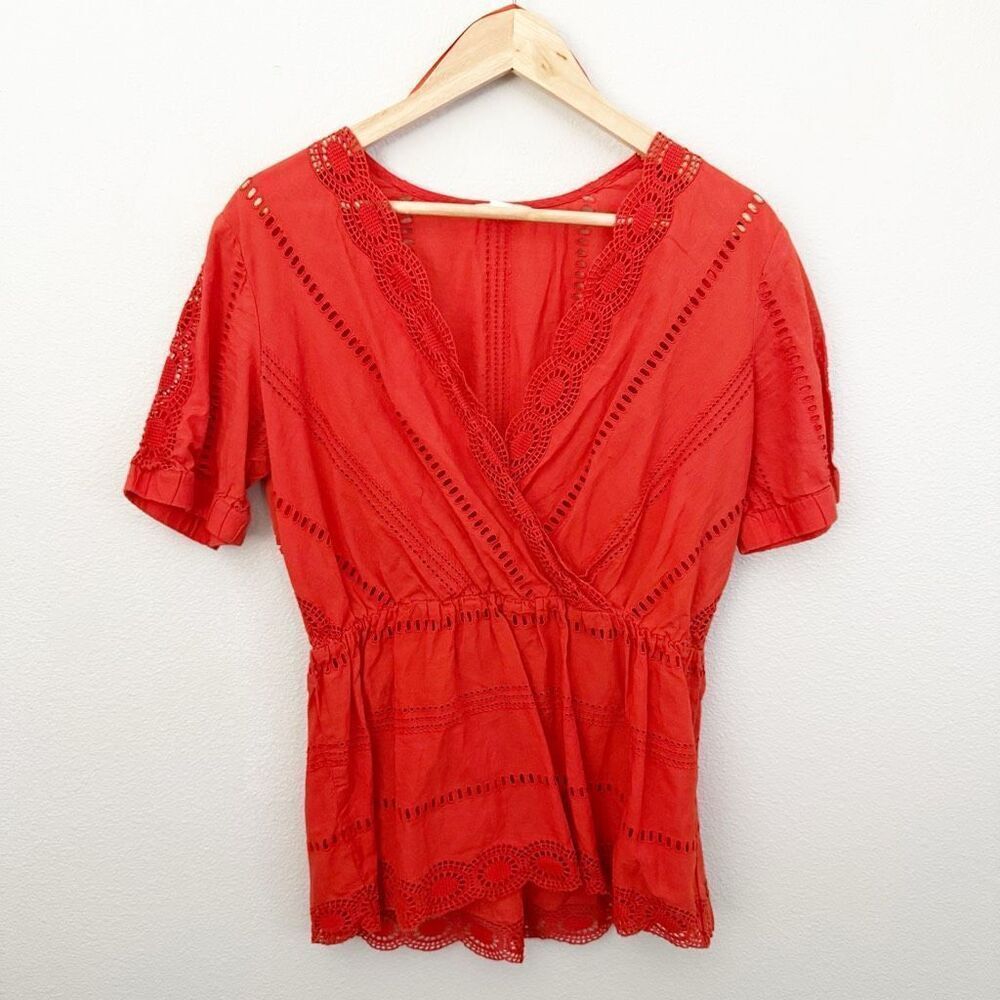 CASLON x NORDSTROM | Orange Eyelet Boho Cotton Lace Peplum Blouse | Medium
